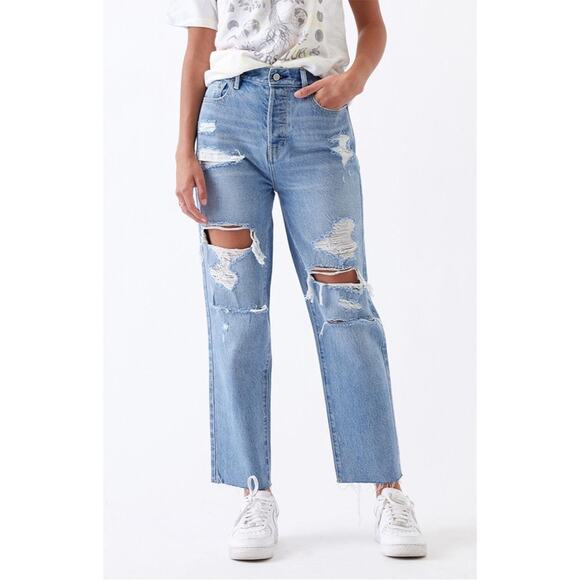 PacSun Light Wash High Waisted Distressed Raw Hem Straight Leg Jeans Size 25 - Picture 1 of 16